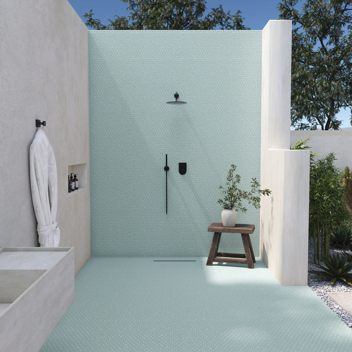 Daltile - Keystones - Organic 1" Penny Round - Porcelain Tile Mosaic - Matte - Spa Shower Install