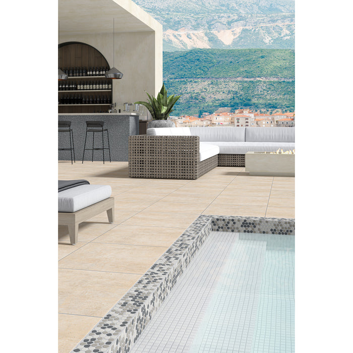 Daltile - Keystones - Organic 1" Penny Round - Porcelain Tile Mosaic - Matte - White Rock Blend Installed