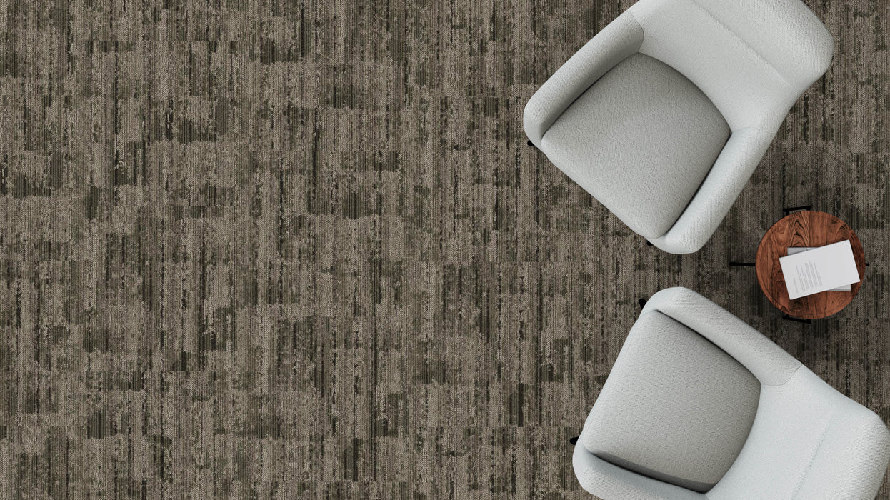 Mohawk - Spatial Build - Dynamic Fade GT382 Commercial Carpet Tile - 858 Charred Timber Installed